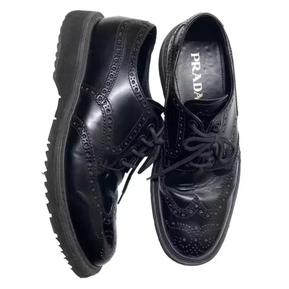 Prada Shoes Prada Designer Black Leather Wing Tip Dress Shoes